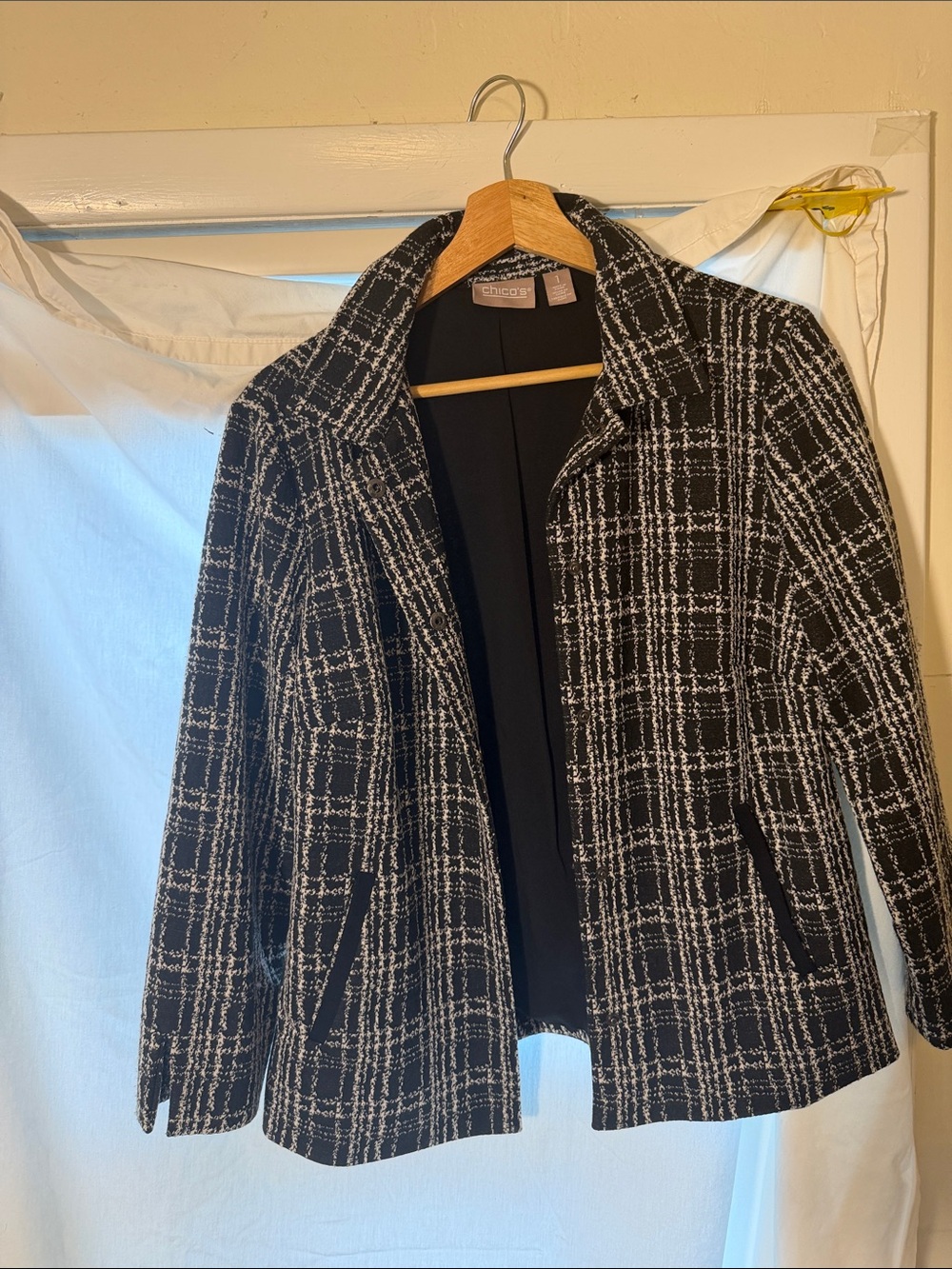 Chico's Black and White Tweed Open-Front Blazer